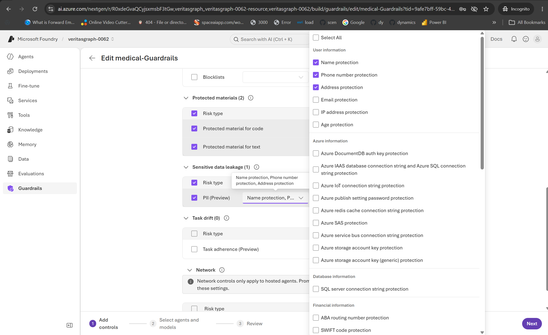 Azure AI Foundry Medical Guardrails policy with PII/PHI sensitive-data recognition scoped to the agent
