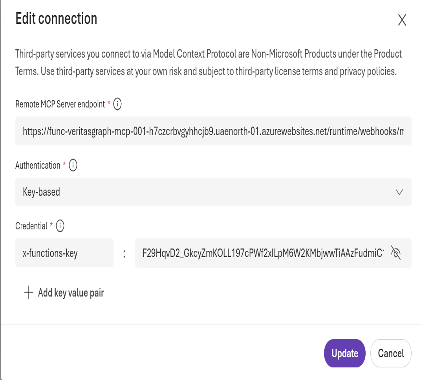 Azure AI Foundry MCP connection configured with the remote endpoint and x-functions-key header