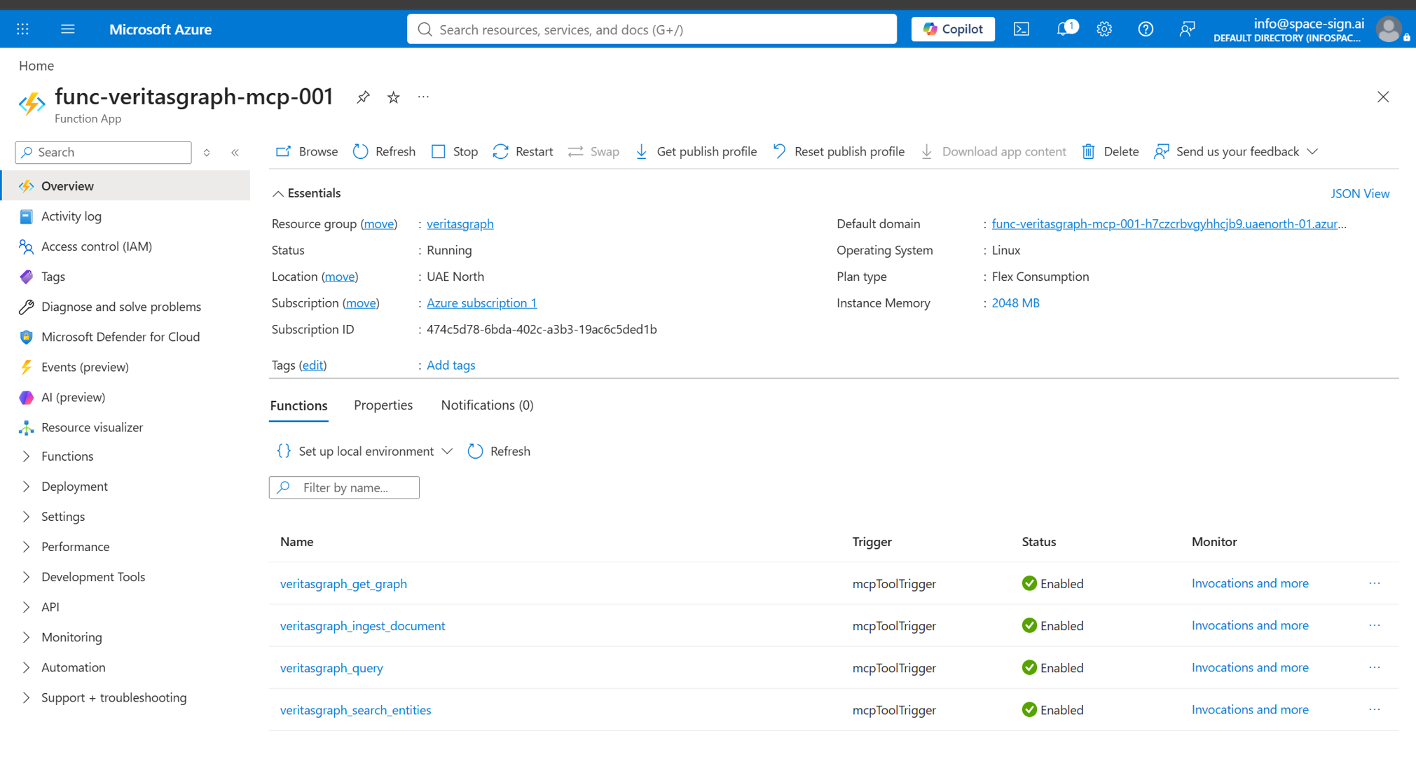 Deployed Azure Function App showing the four mcpToolTrigger MCP tool functions running