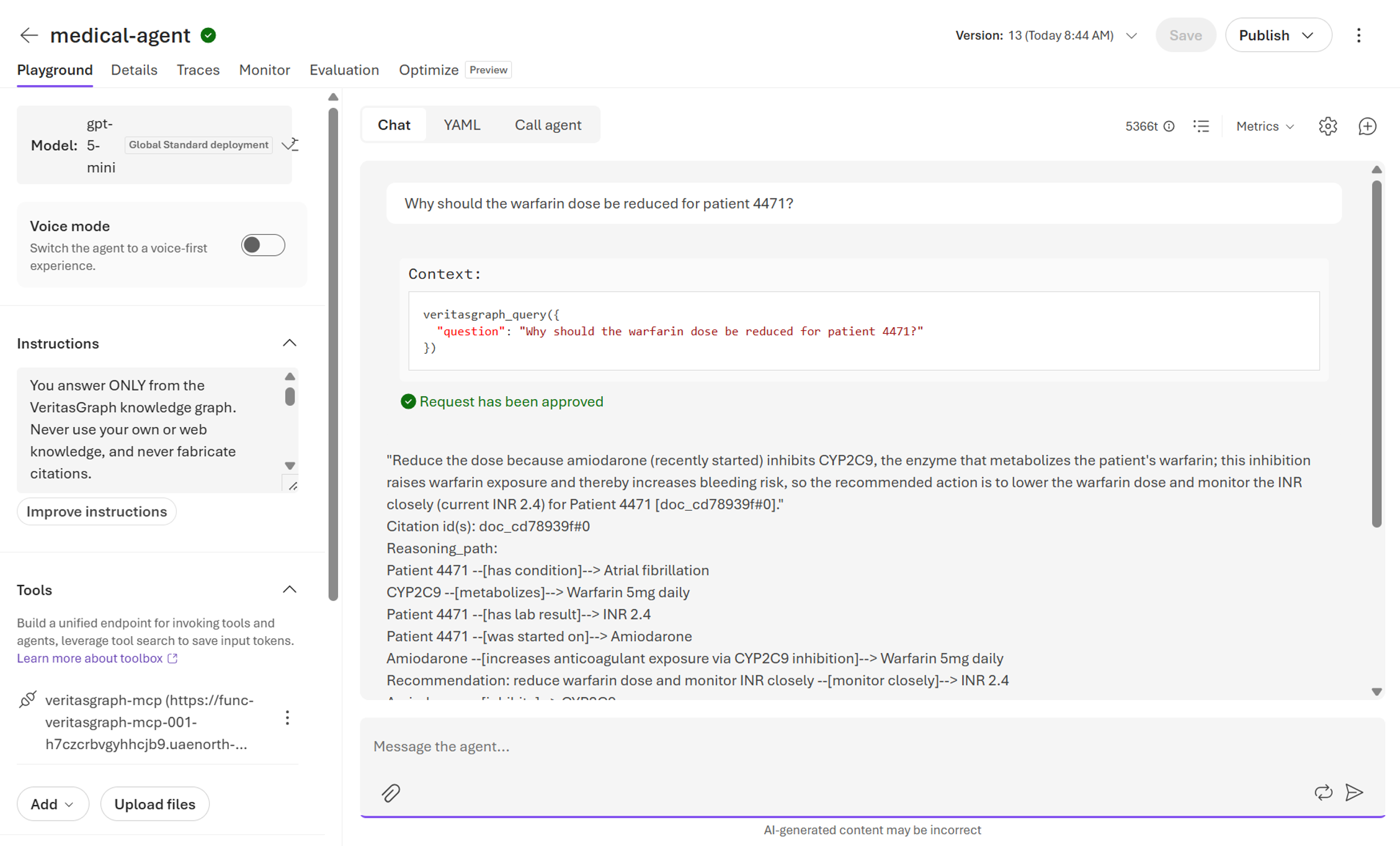 Medical agent in the Foundry Playground returning a cited, grounded answer with reasoning path