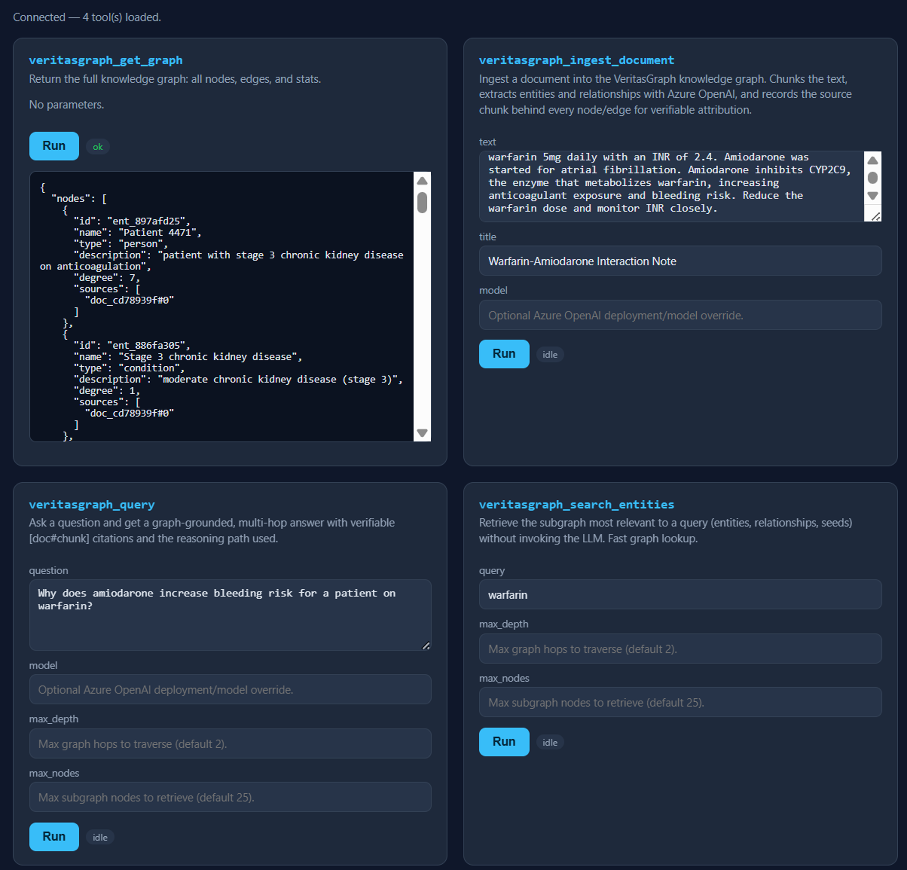 Built-in MCP test UI validating the four veritasgraph_* tools with the warfarin and amiodarone scenario