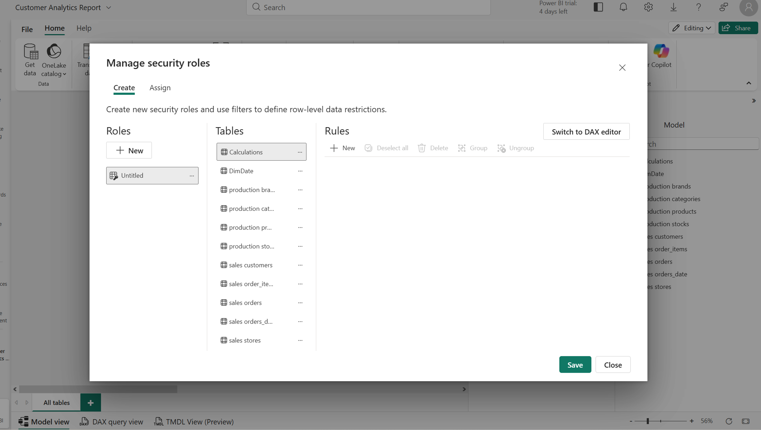 Power BI Manage security roles — row-level restrictions defined on the semantic model